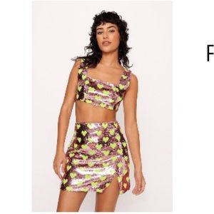 NastyGal Sequin Heart Crop Top Pink Rose Gold and Green